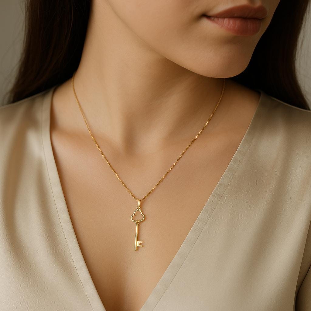 14K Solid Gold Key Necklace - Dainty Real Gold Pendant