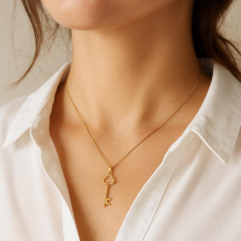 14K Solid Gold Key Necklace - Dainty Real Gold Pendant