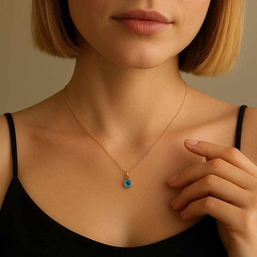 14K Solid Gold Evil Eye Necklace -  Real Gold Blue Enamel Protection Pendant