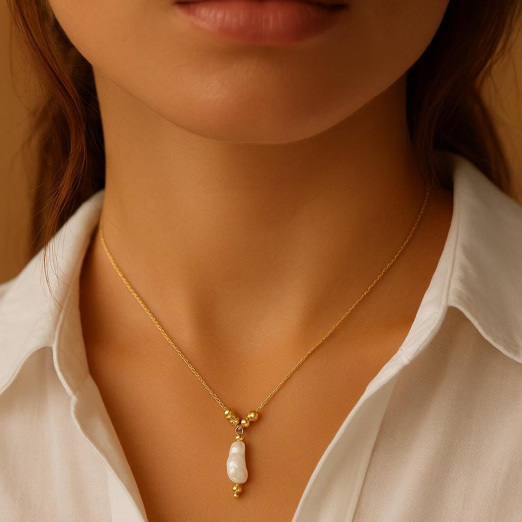 14K Solid Gold Baroque Pearl Necklace - Unique Freshwater Pearl Pendant