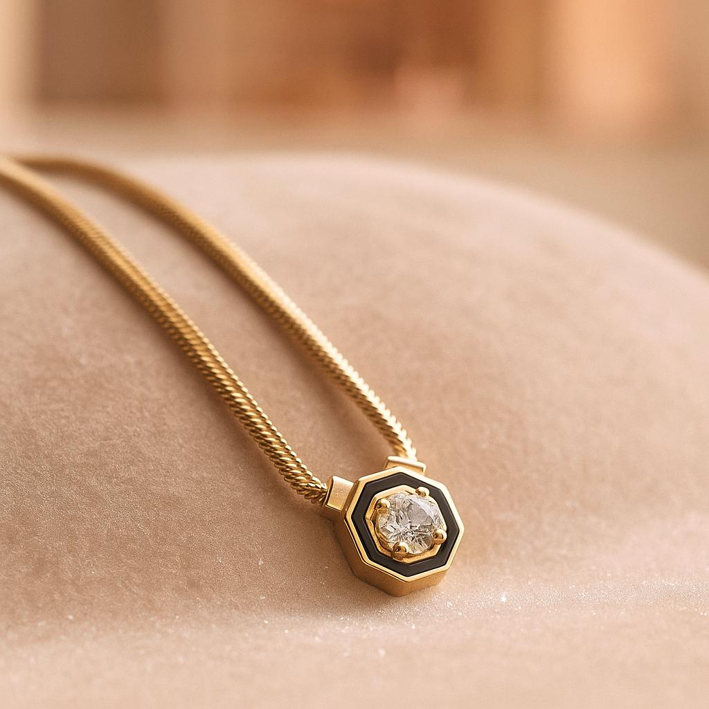 14K Solid Gold Black Enamel Necklac - Art Deco Octagon Pendant