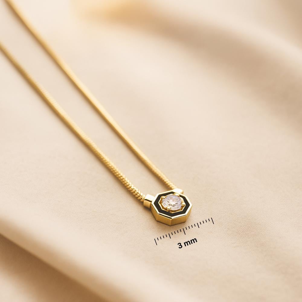 14K Solid Gold Black Enamel Necklac - Art Deco Octagon Pendant