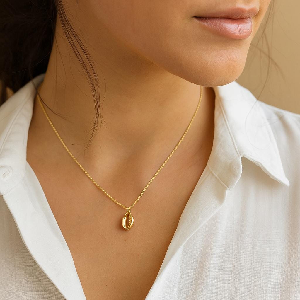 14K Solid Gold Shell Necklace, Dainty Cowrie Pendant, Real Gold Beach Jewelry