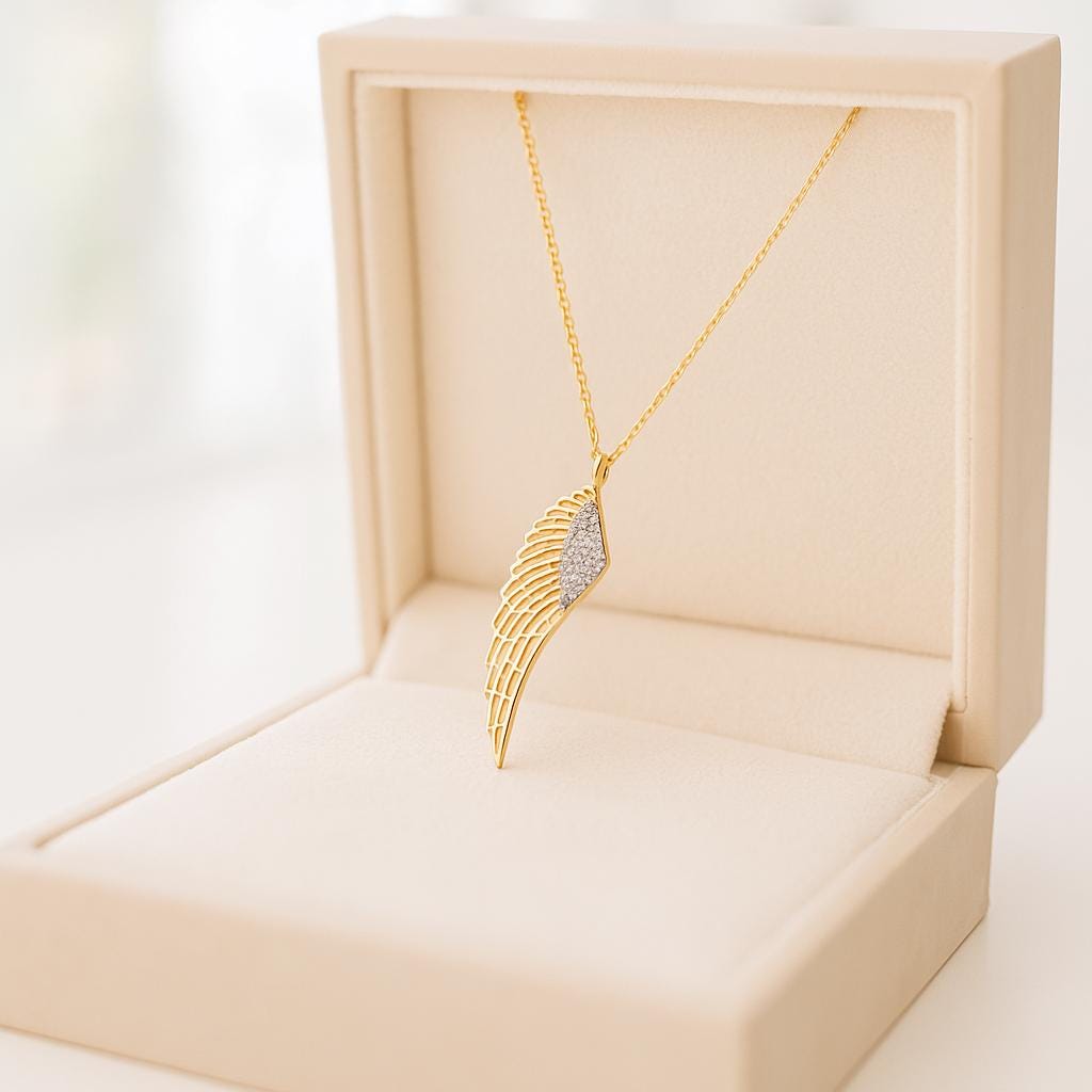 14K Solid Gold Angel Wing Necklace - Gold Guardian Angel Pendant