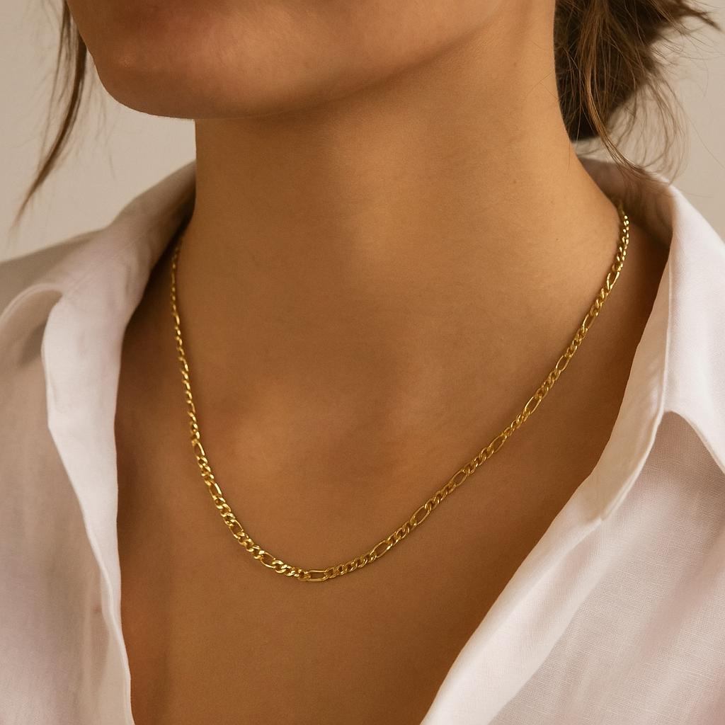 14K Solid Gold Figaro Chain Necklace - Gold Italian Chain Necklace