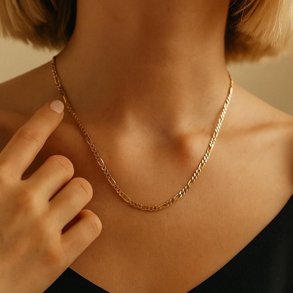 14K Solid Gold Figaro Chain Necklace - Gold Italian Chain Necklace