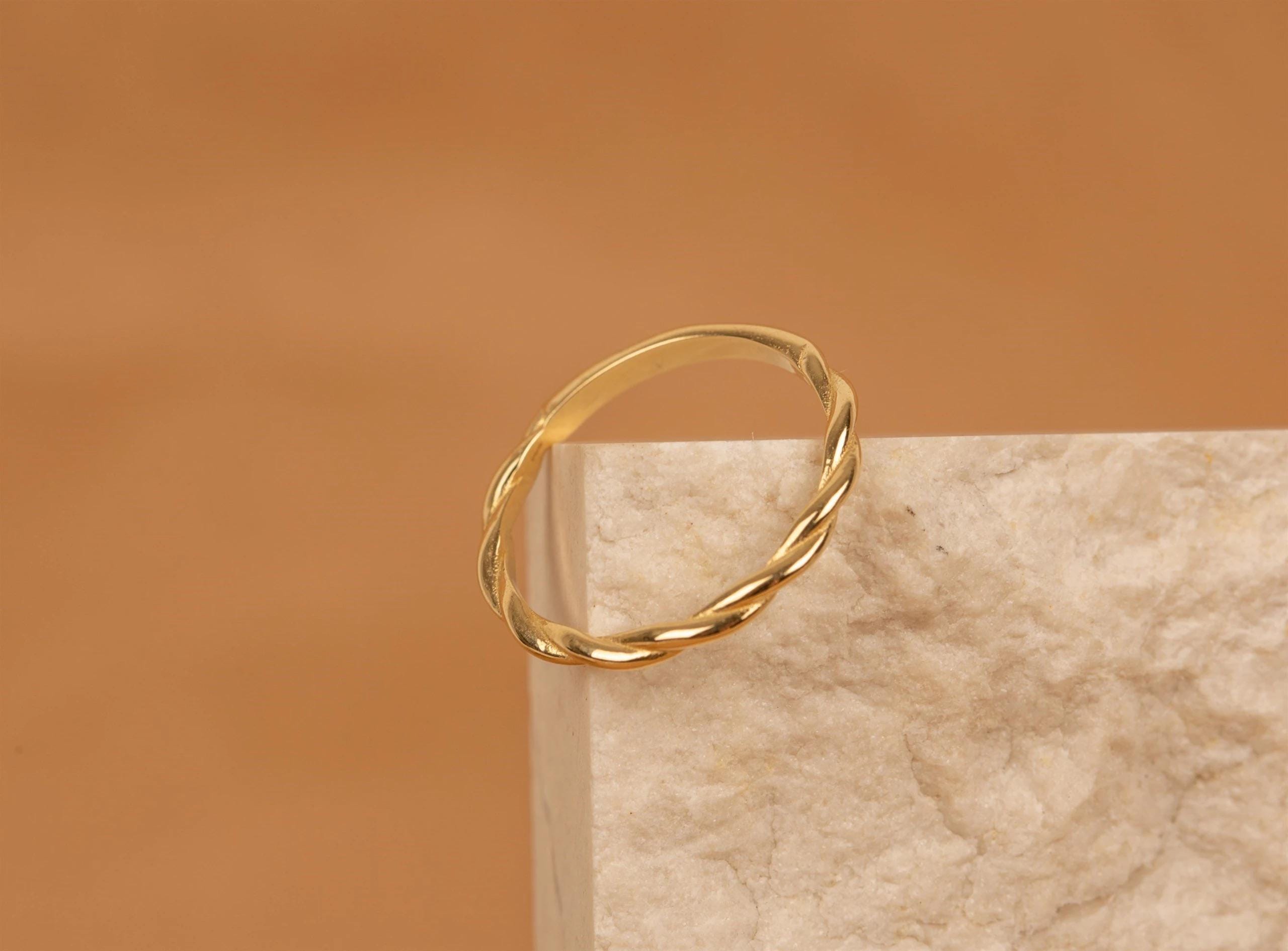 14K Solid Gold Twisted Ring - Real Gold Dainty Stackable Band
