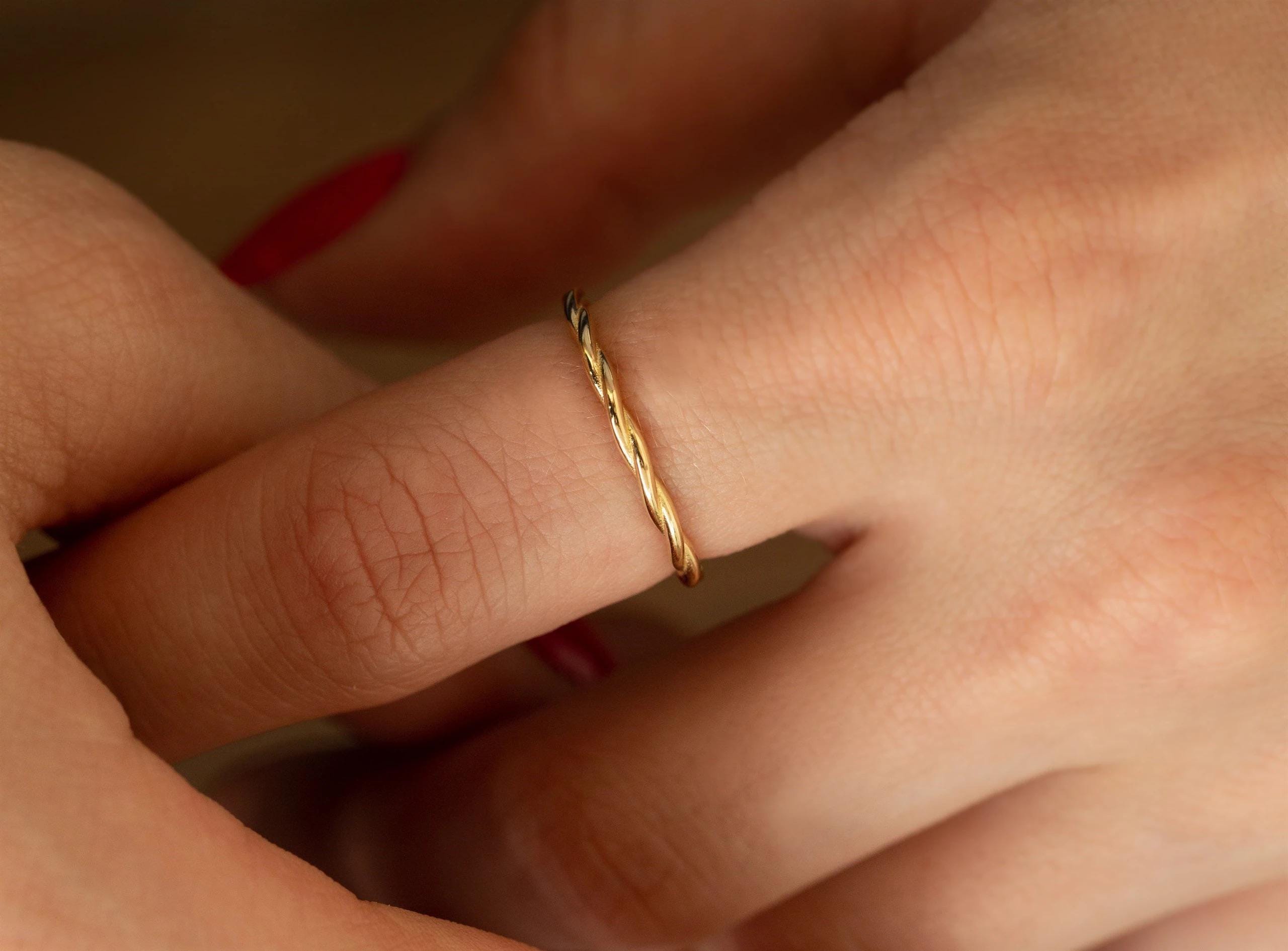 14K Solid Gold Twisted Ring - Real Gold Dainty Stackable Band