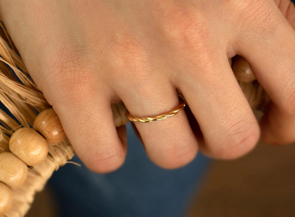 14K Solid Gold Twisted Ring - Real Gold Dainty Stackable Band