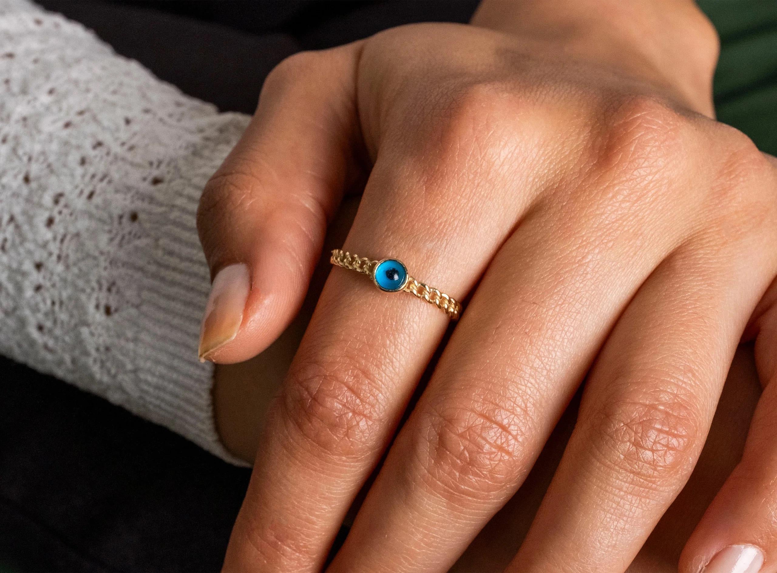 14K Solid Gold Evil Eye Ring - Real Gold Blue Enamel Eye Jewelry