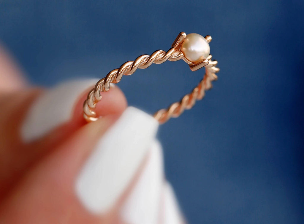 14K Solid Gold Pearl Ring - Real Gold Twisted Band Ring
