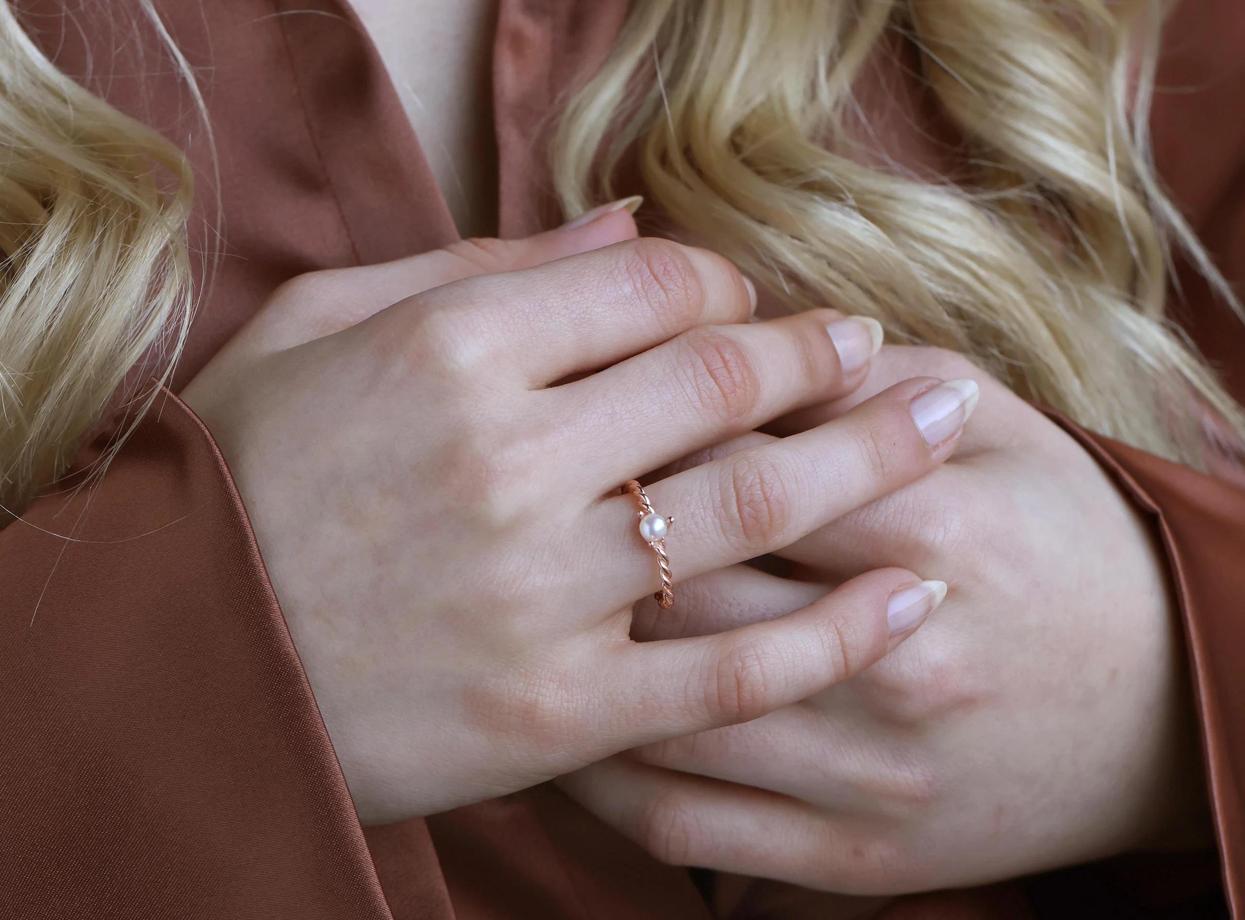 14K Solid Gold Pearl Ring - Real Gold Twisted Band Ring