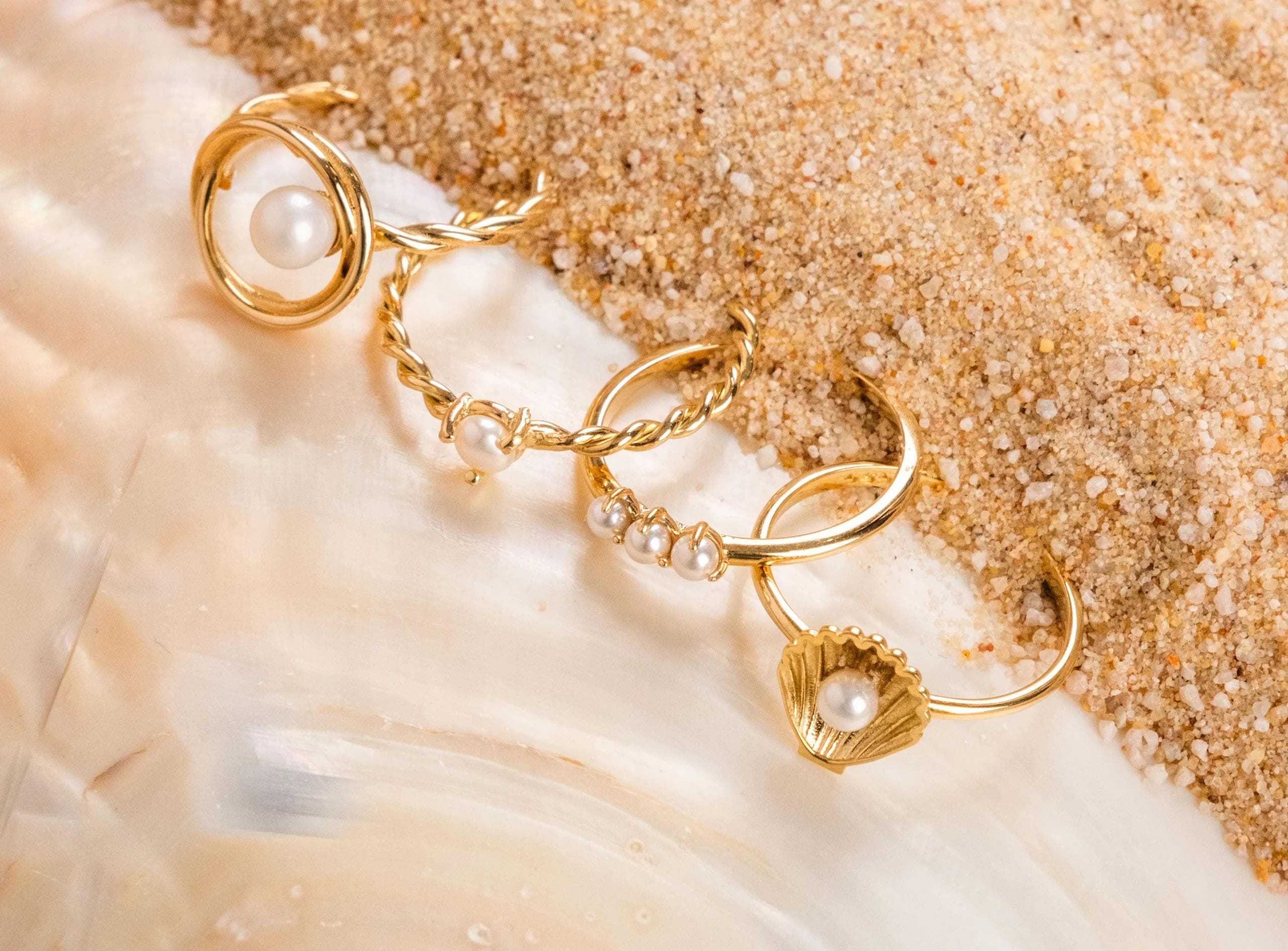 14K Solid Gold Pearl Ring - Real Gold Twisted Band Ring