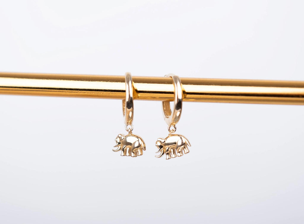 14K Solid Gold Elephant Hoop Earrings - Real Gold Lucky Animal Jewelry