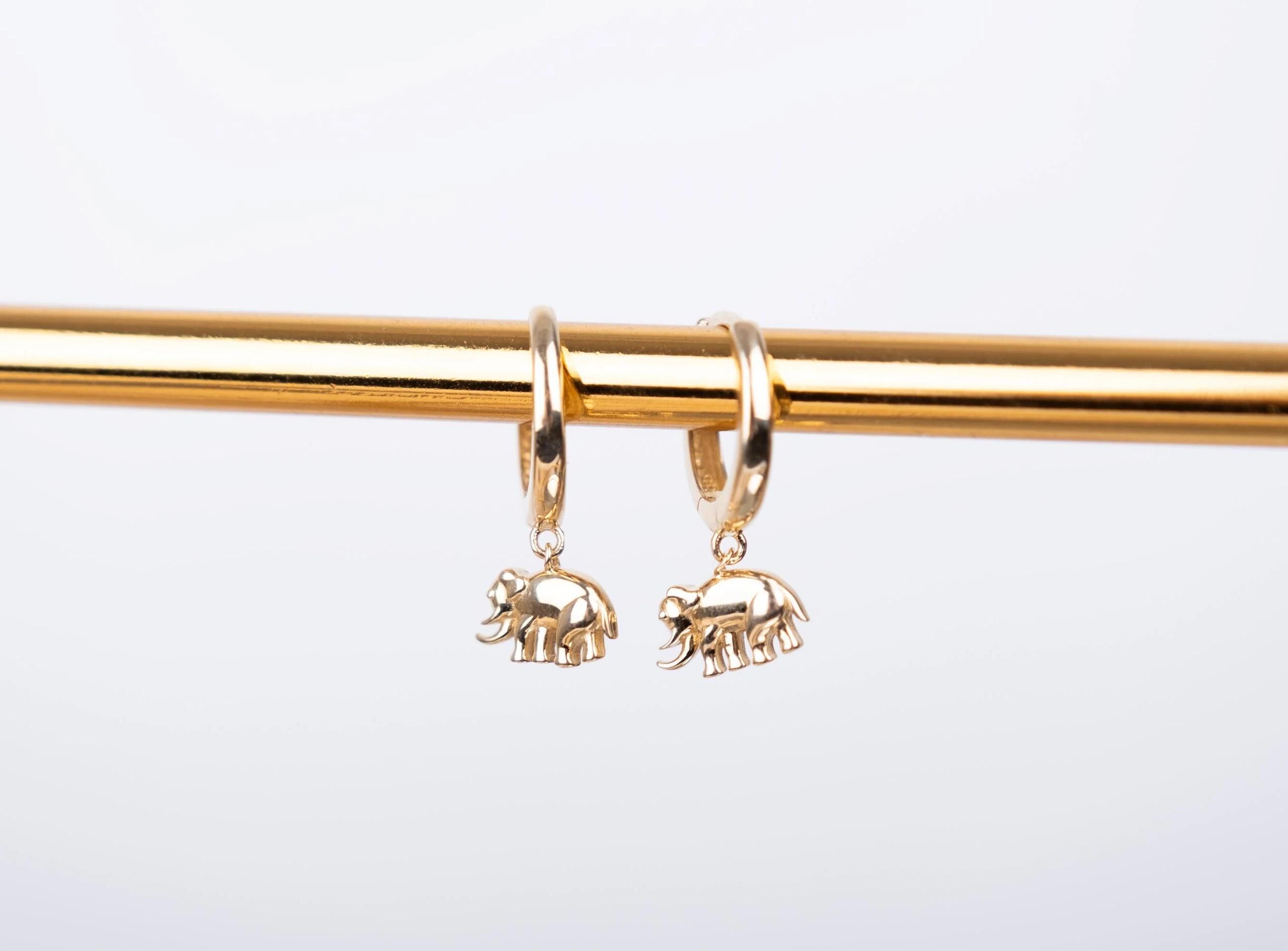 14K Solid Gold Elephant Hoop Earrings - Real Gold Lucky Animal Jewelry