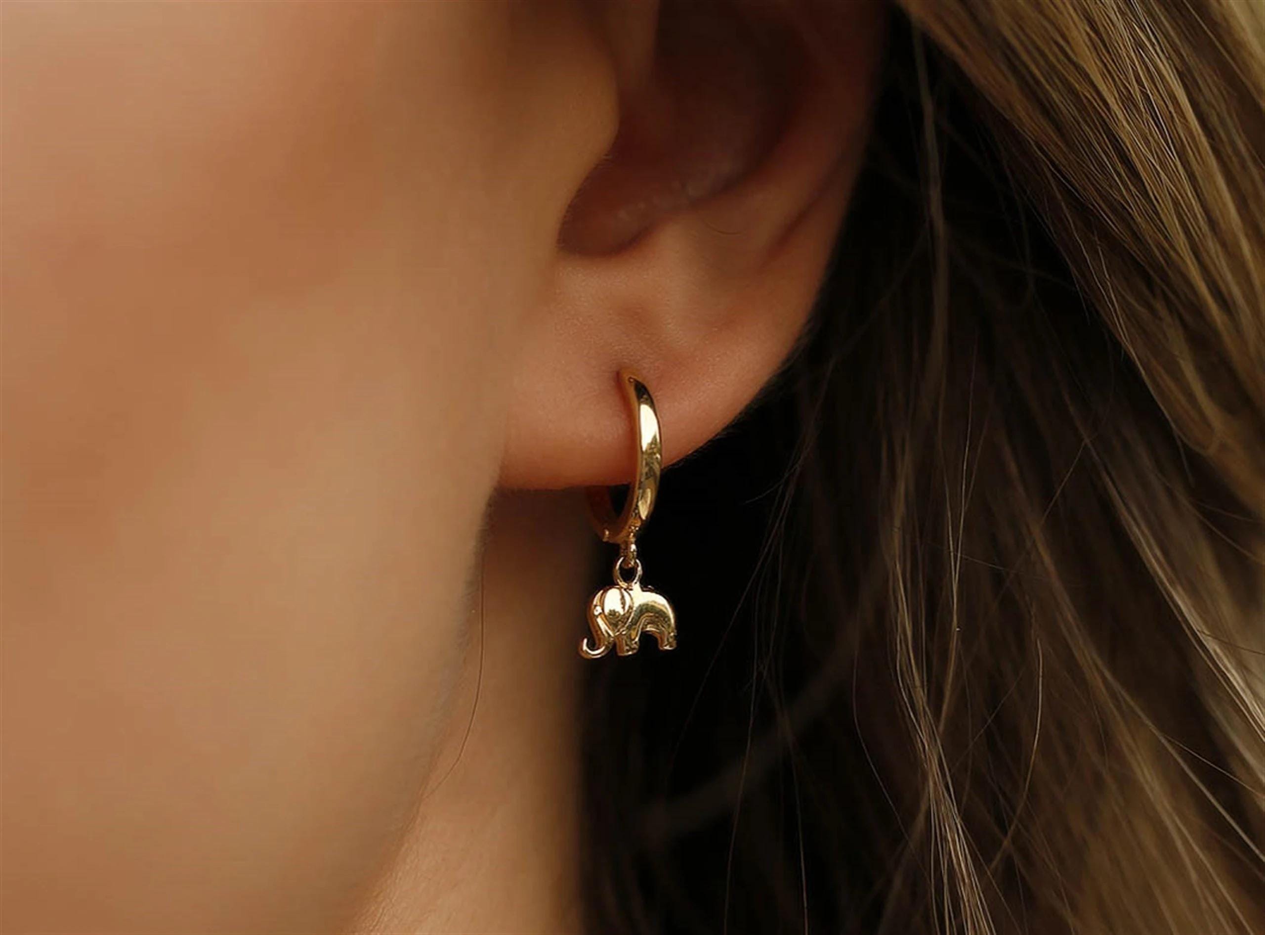 14K Solid Gold Elephant Hoop Earrings - Real Gold Lucky Animal Jewelry