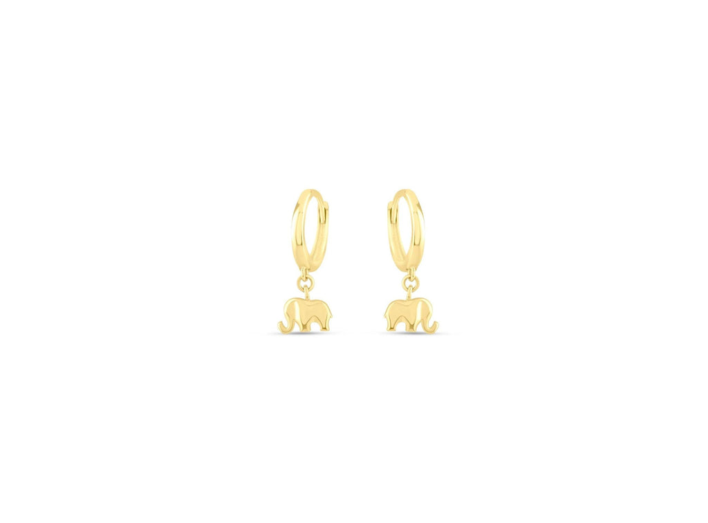 14K Solid Gold Elephant Hoop Earrings - Real Gold Lucky Animal Jewelry