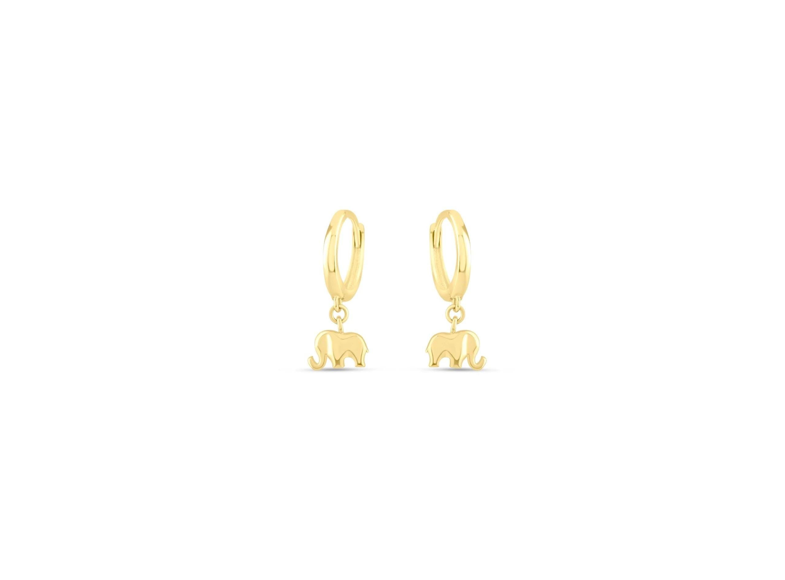 14K Solid Gold Elephant Hoop Earrings - Real Gold Lucky Animal Jewelry