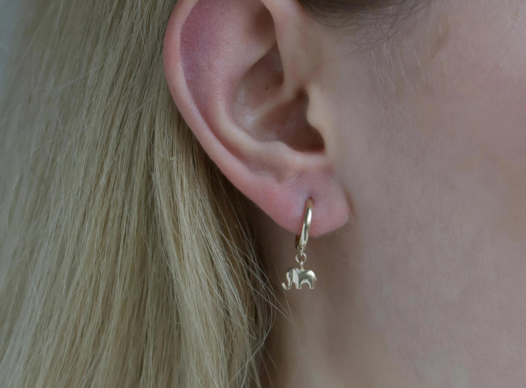 14K Solid Gold Elephant Hoop Earrings - Real Gold Lucky Animal Jewelry