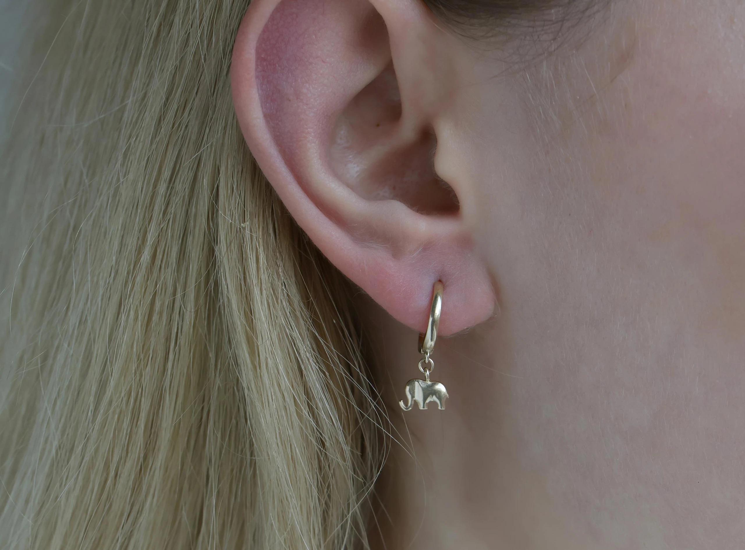 14K Solid Gold Elephant Hoop Earrings - Real Gold Lucky Animal Jewelry
