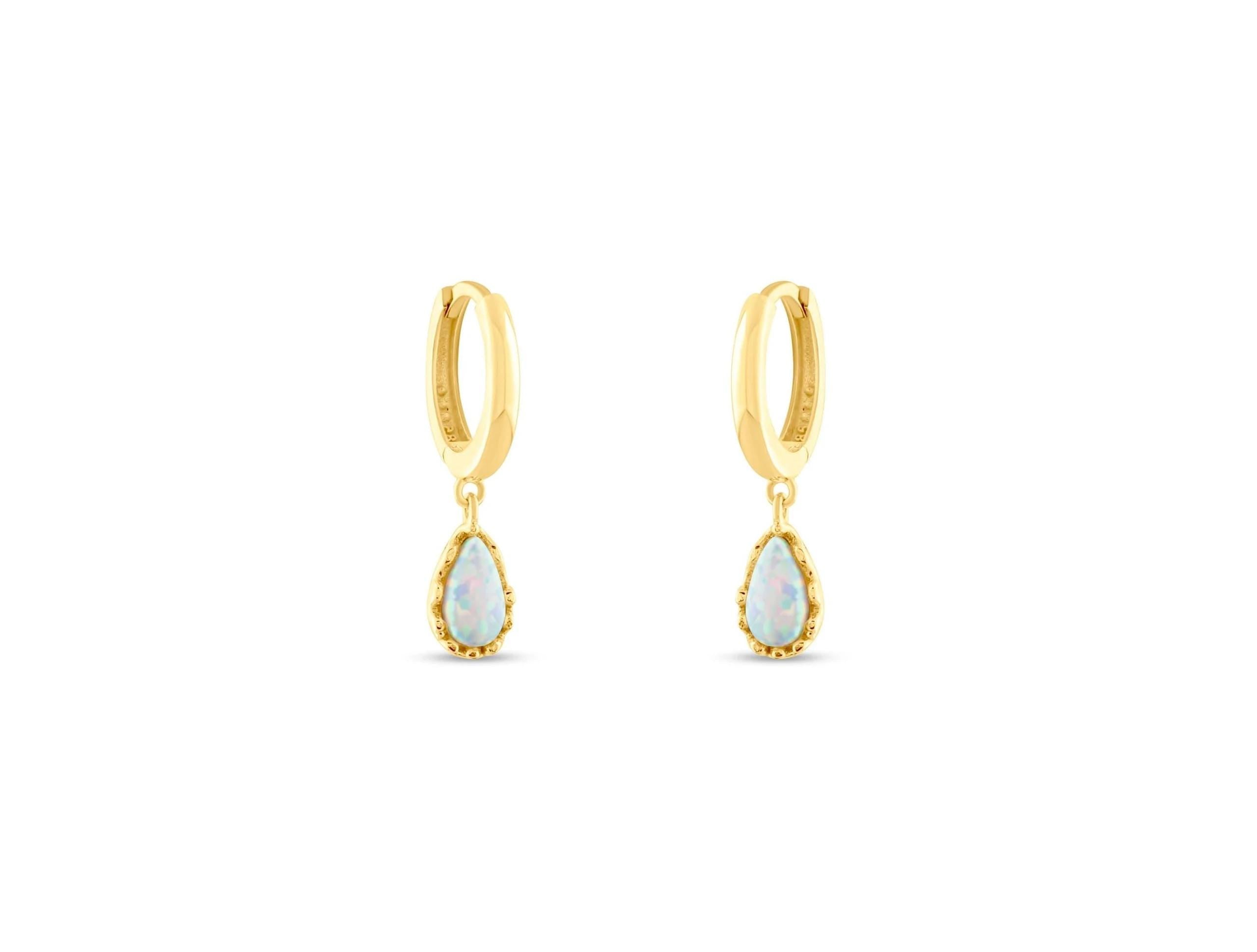 14K Solid Gold Opal Hoop Earrings - Minimalist Gold Drop Earrings