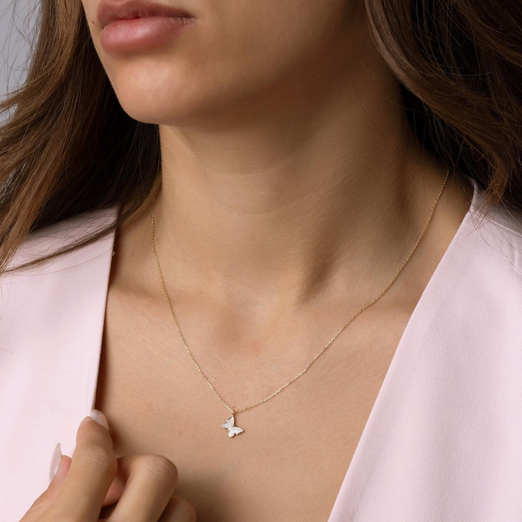 14K Solid Gold Butterfly Necklace - Minimalist Everyday Jewelry