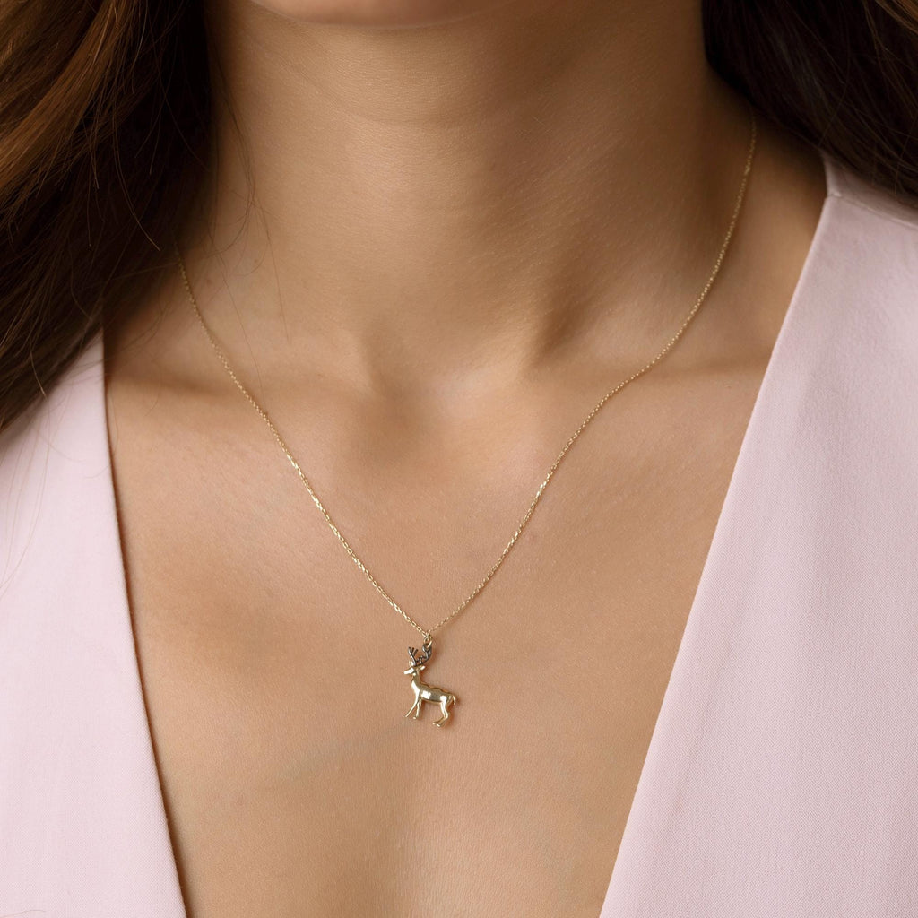 14K Solid Gold Deer Necklace - Real Gold Animal Pendant