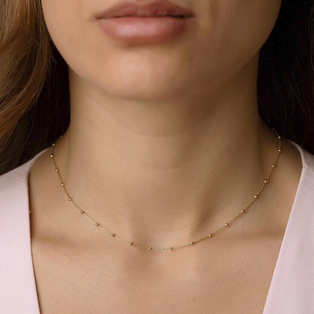 14K Solid Gold Bead Chain Necklace - Dainty Real Gold Satellite Necklace Gift for Her