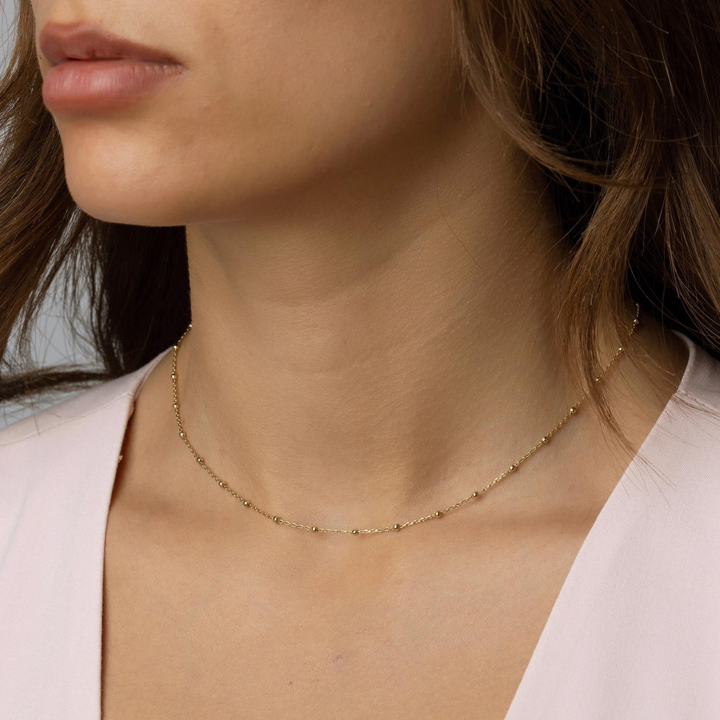 14K Solid Gold Bead Chain Necklace - Dainty Real Gold Satellite Necklace Gift for Her