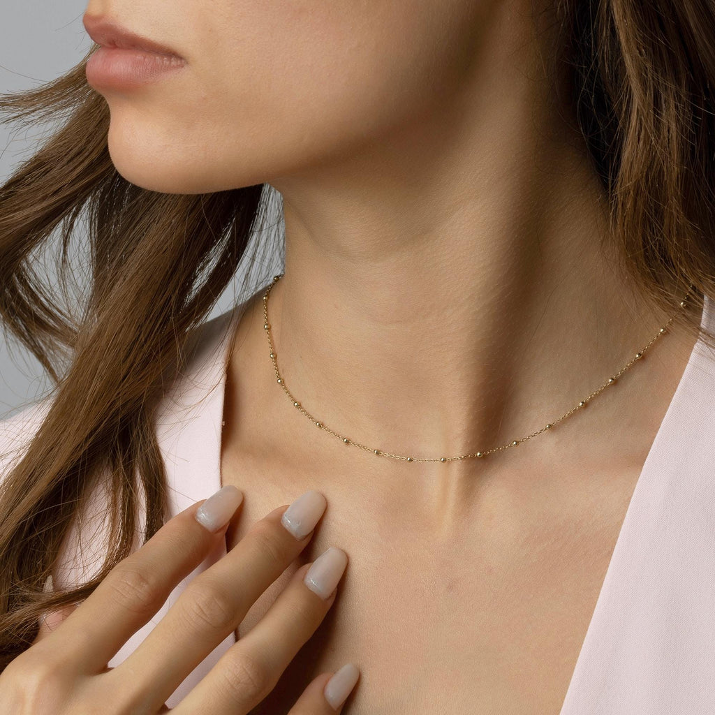 14K Solid Gold Bead Chain Necklace - Dainty Real Gold Satellite Necklace Gift for Her