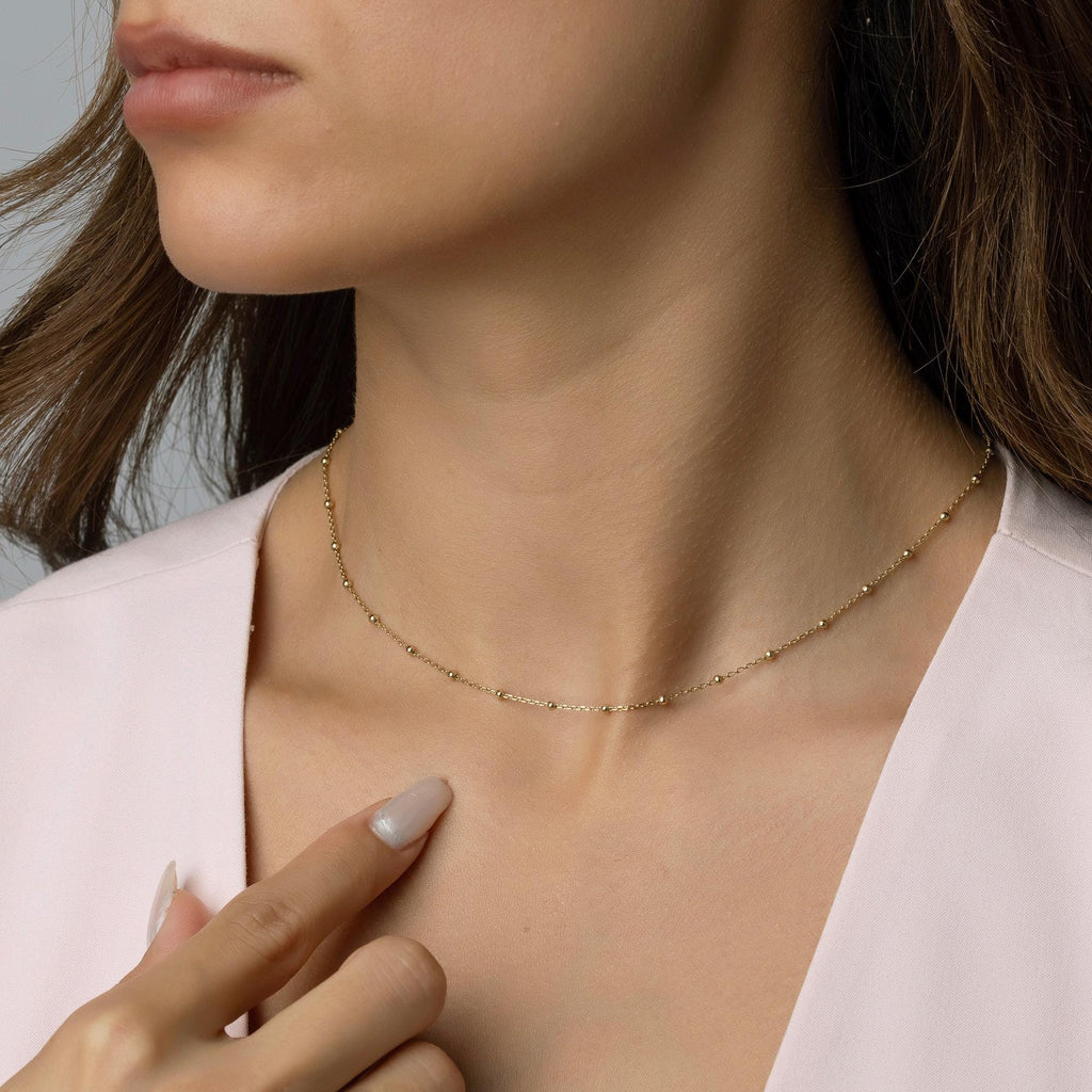 14K Solid Gold Bead Chain Necklace - Dainty Real Gold Satellite Necklace Gift for Her