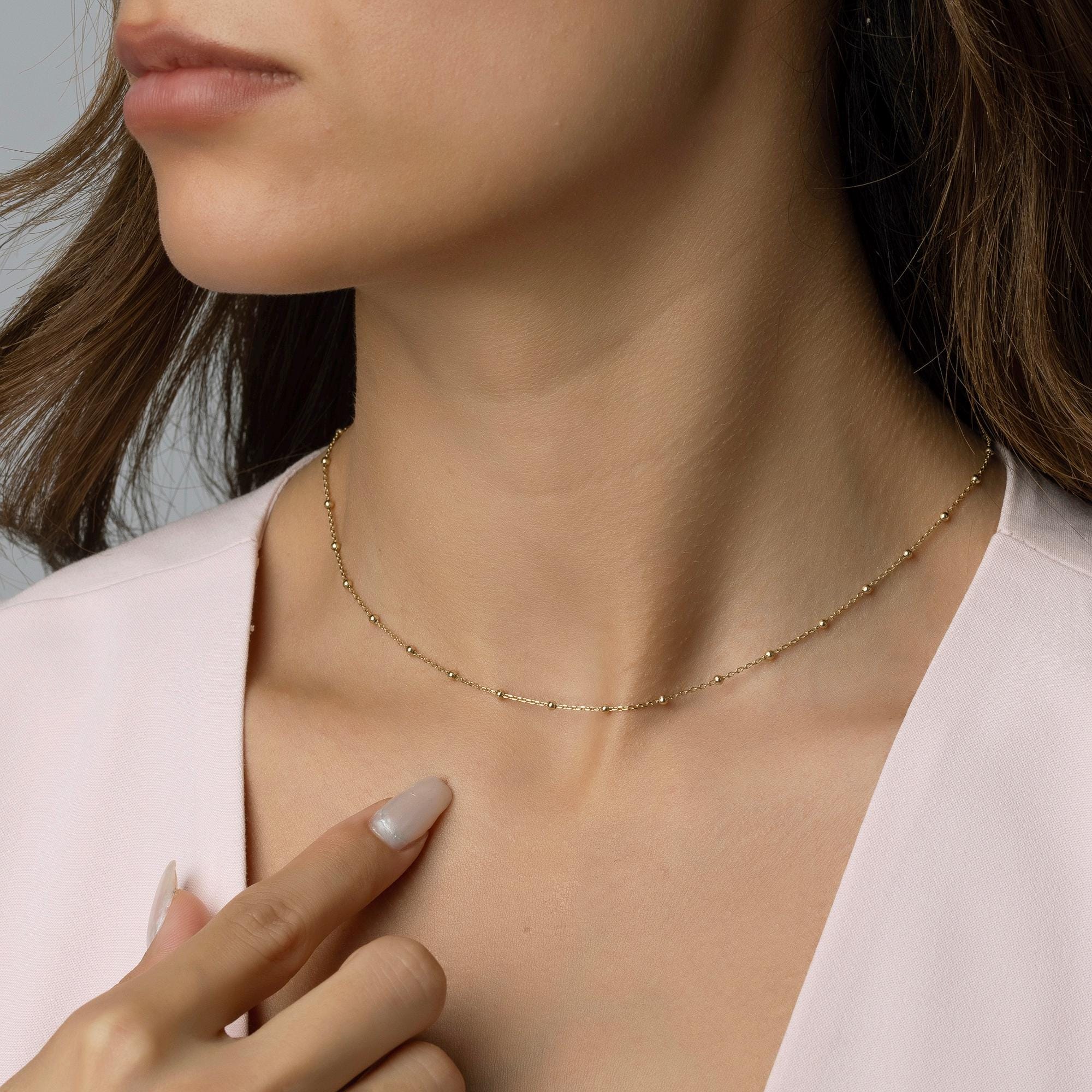 14K Solid Gold Bead Chain Necklace - Dainty Real Gold Satellite Necklace Gift for Her