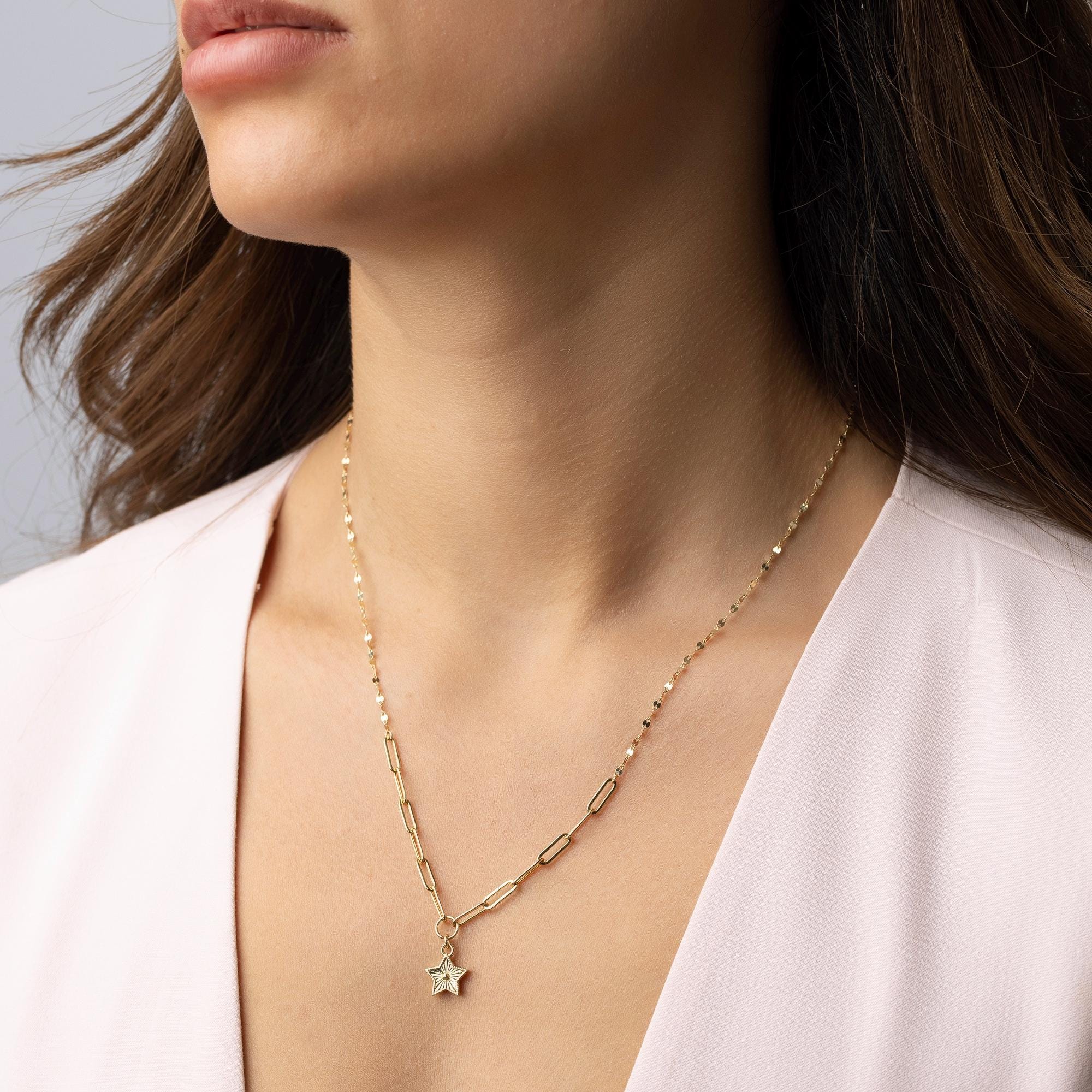 14K Solid Gold Star Necklace - Paperclip Chain Gold Pendant