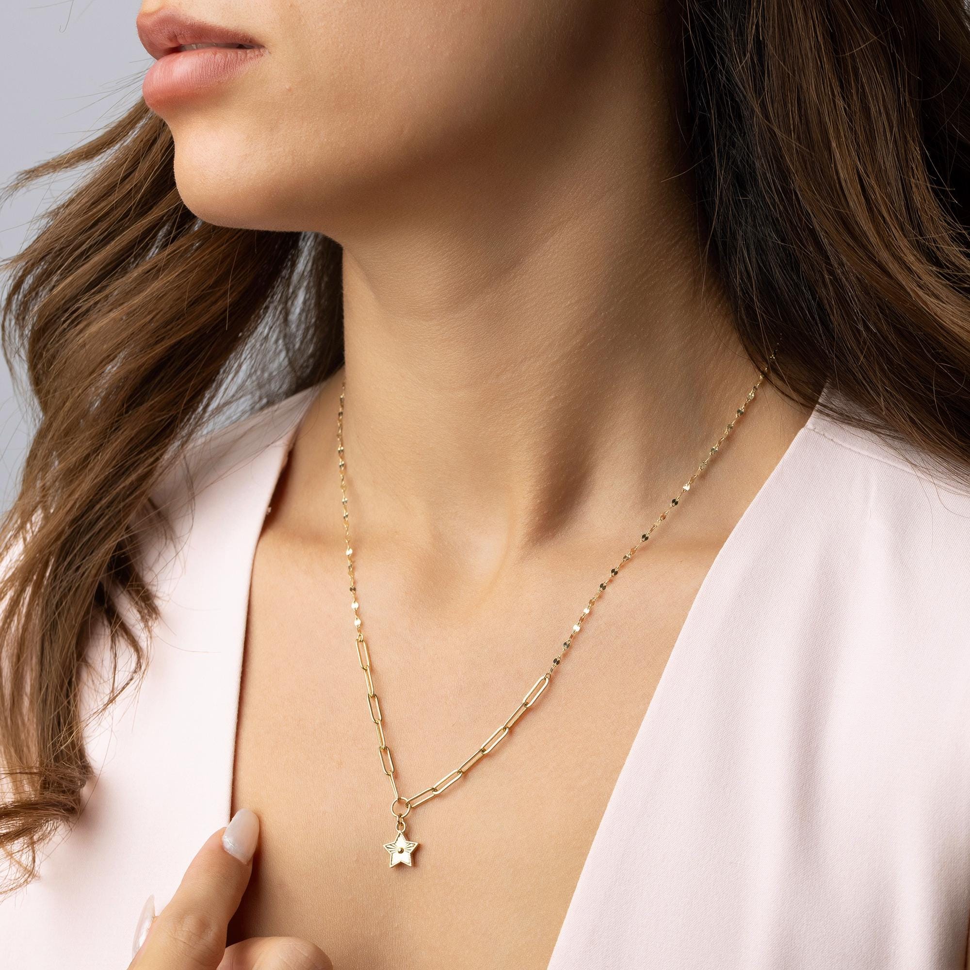 14K Solid Gold Star Necklace - Paperclip Chain Gold Pendant