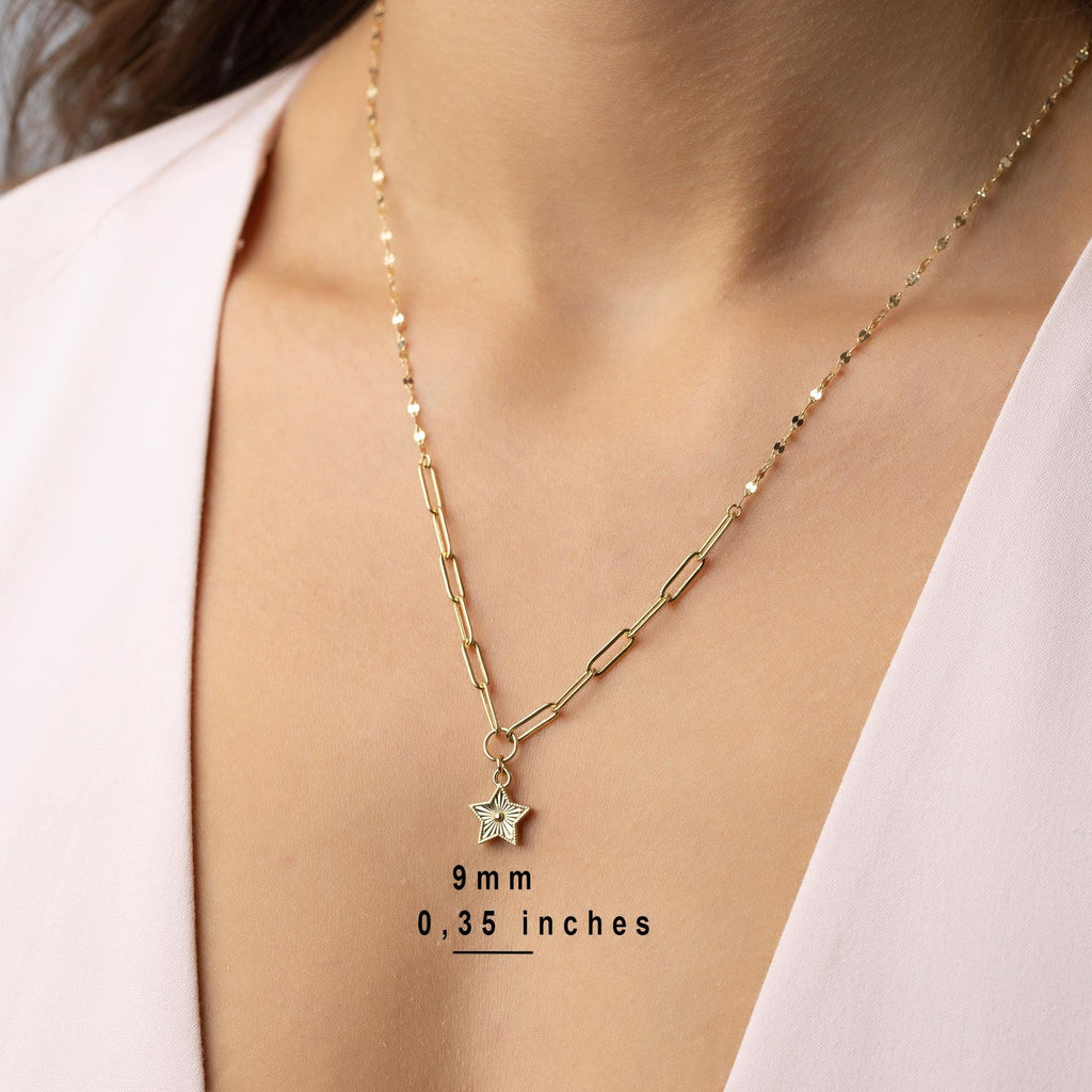 14K Solid Gold Star Necklace - Paperclip Chain Gold Pendant