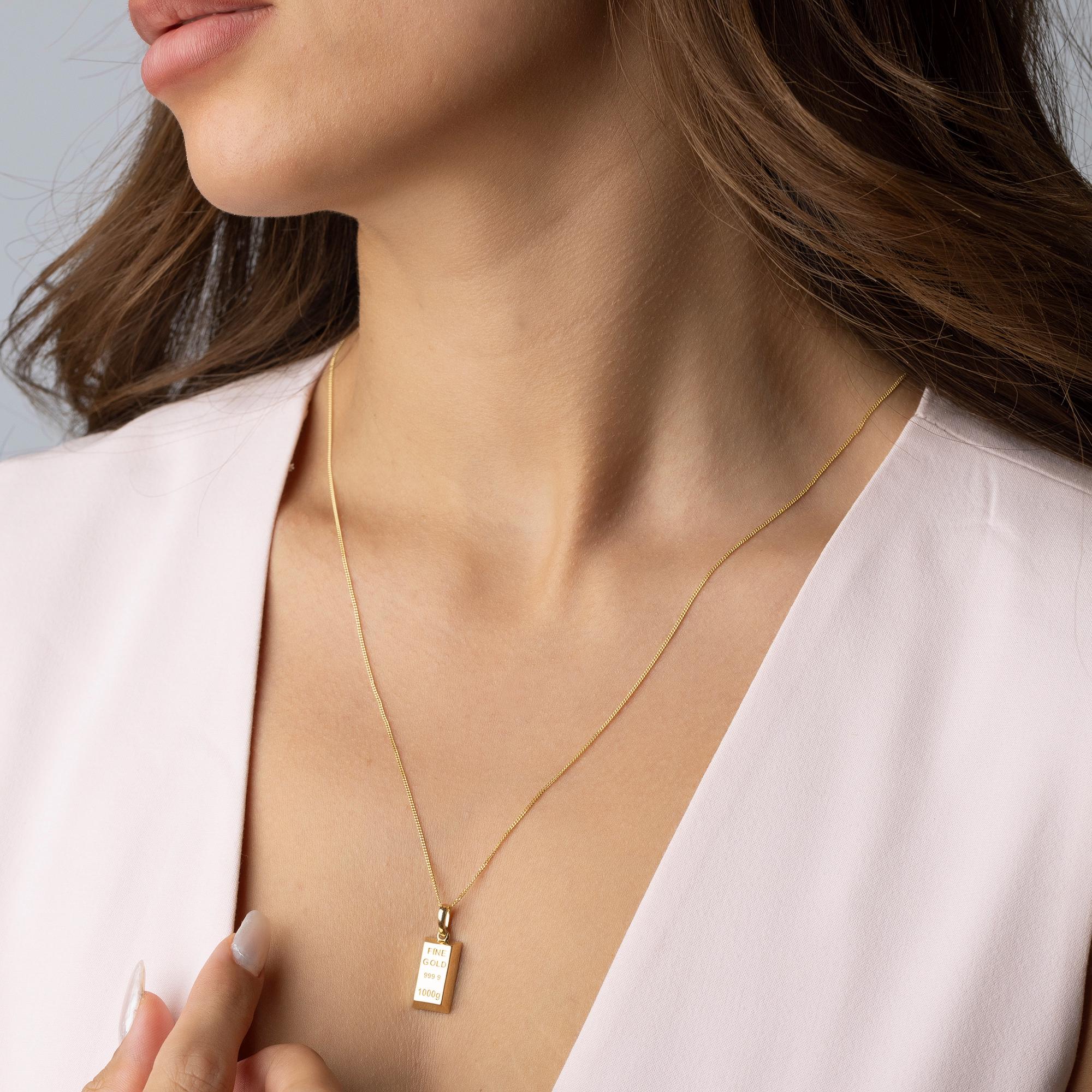 14K Solid Gold Bar Pendant Necklace - Real Gold Ingot Necklace
