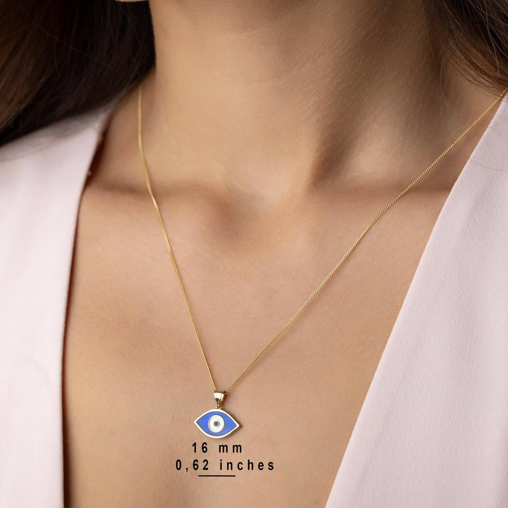 14K Solid Gold Evil Eye Necklace -Dainty Blue Enamel Pendant