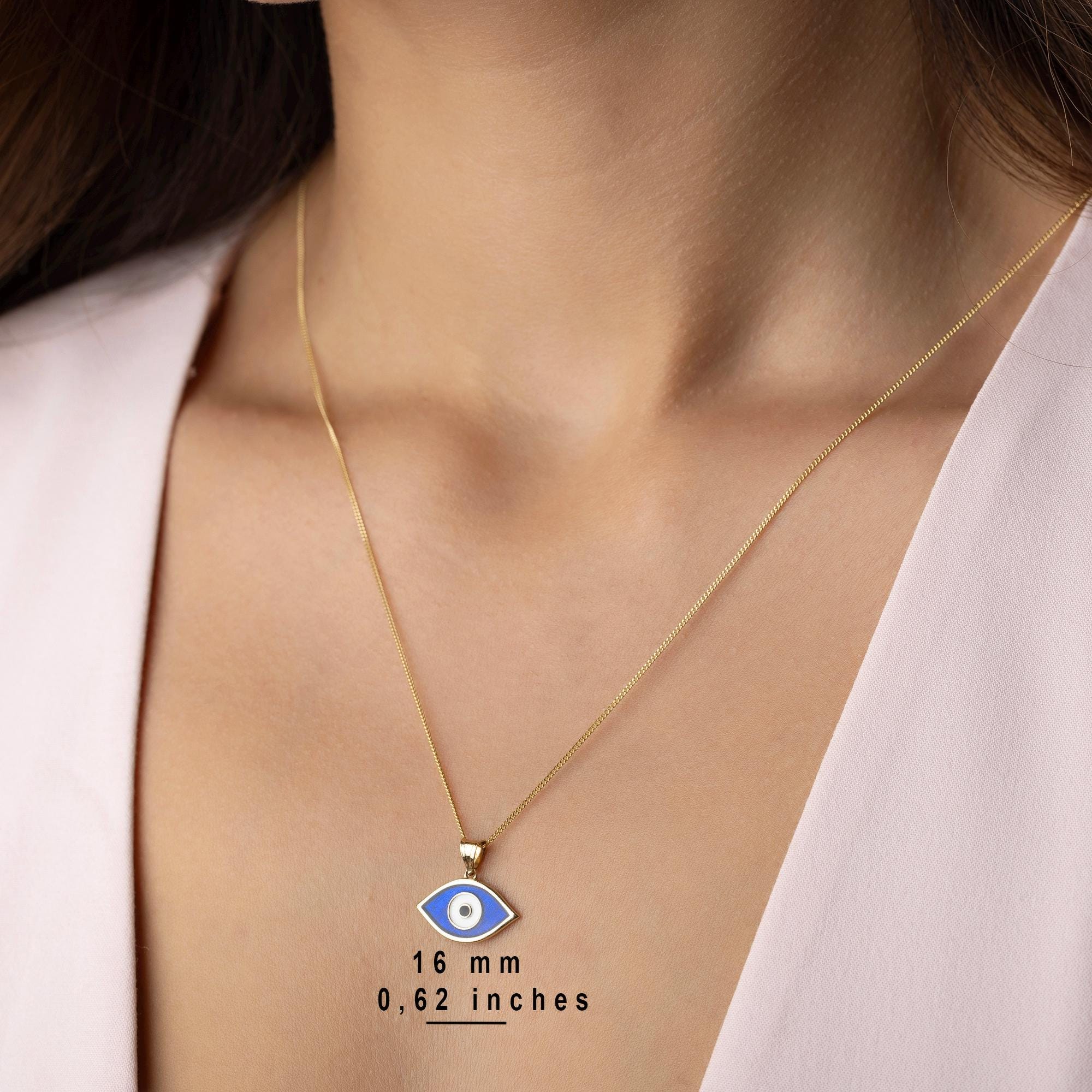 14K Solid Gold Evil Eye Necklace -Dainty Blue Enamel Pendant