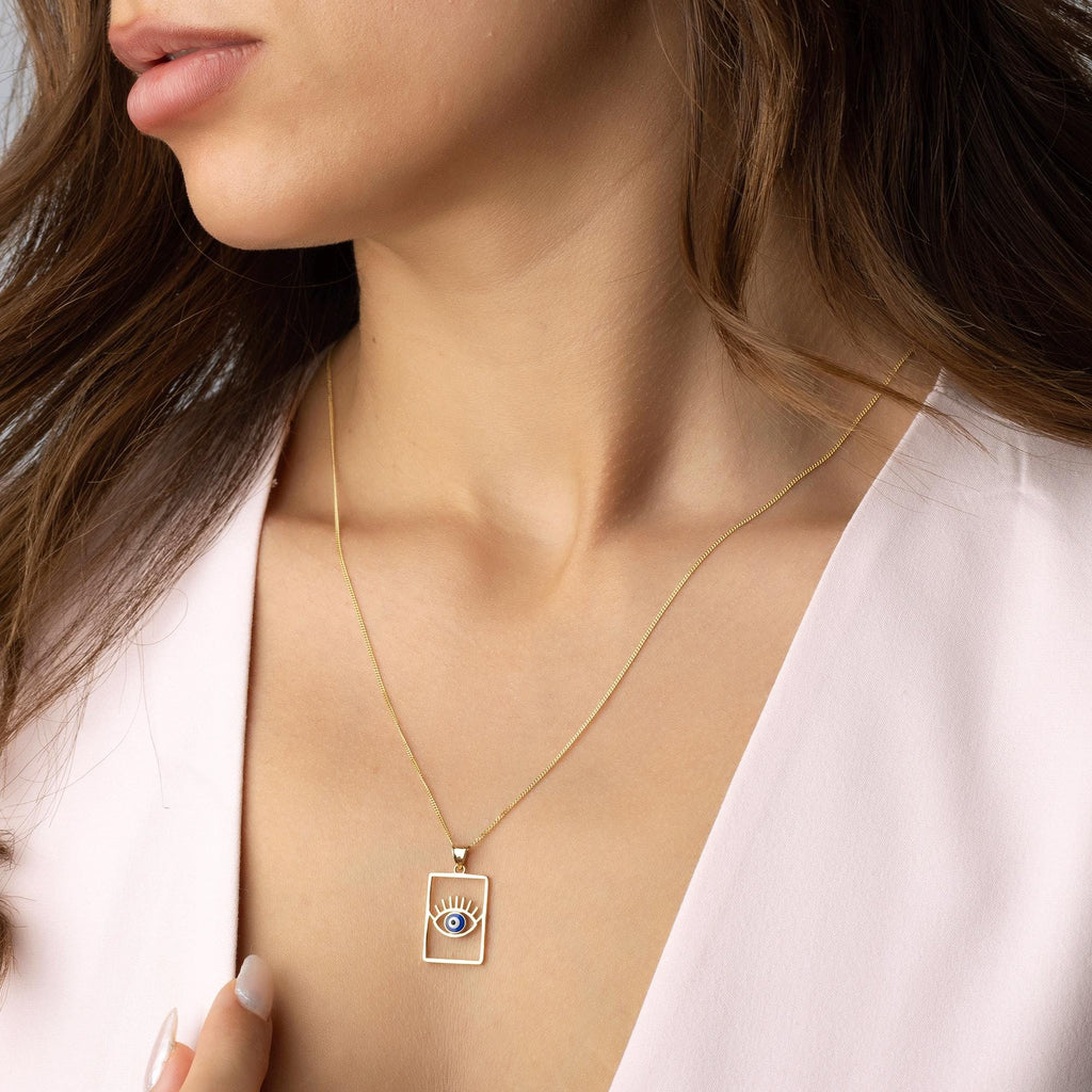 14K Solid Gold Evil Eye Rectangle Necklace - Modern Blue Enamel Pendant