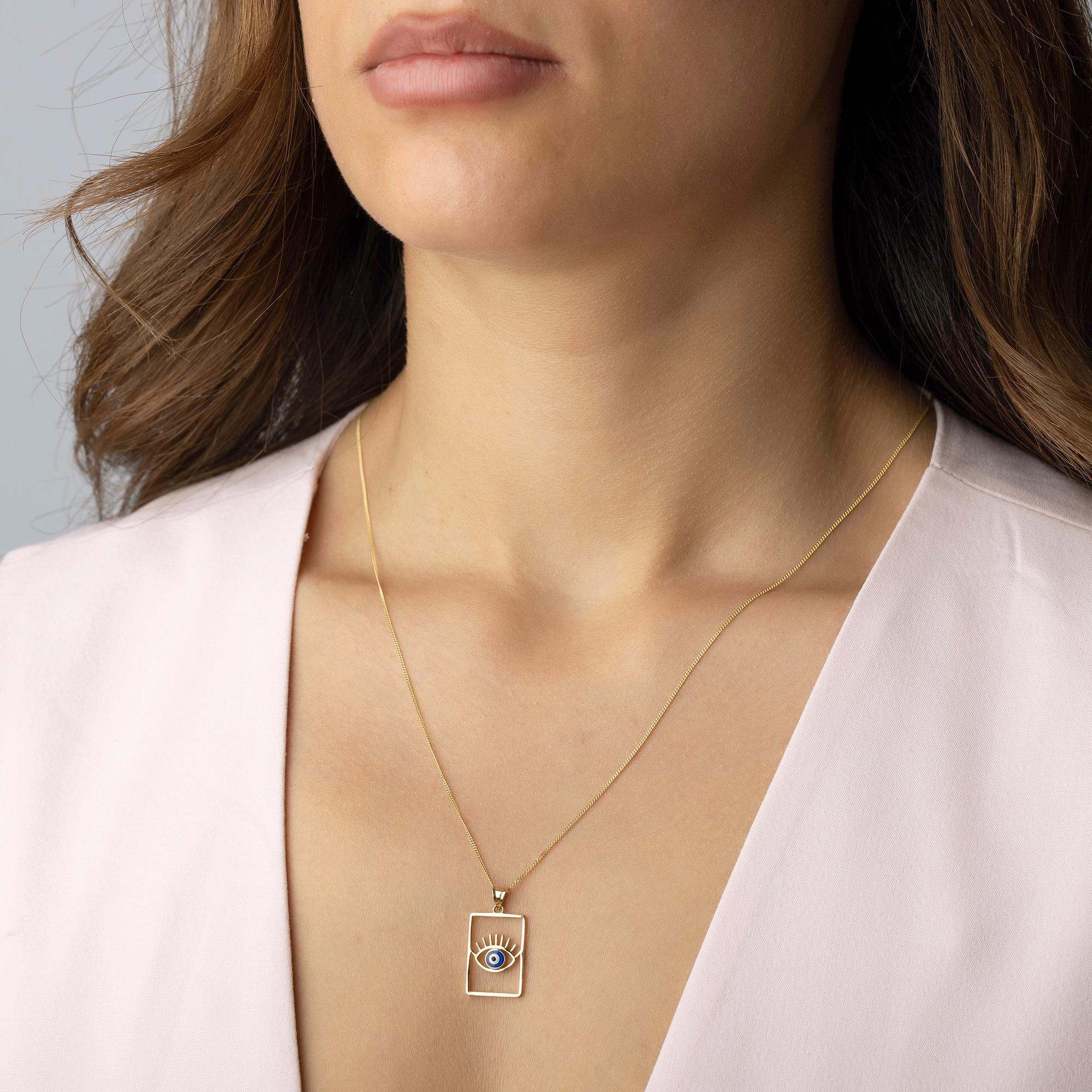 14K Solid Gold Evil Eye Rectangle Necklace - Modern Blue Enamel Pendant