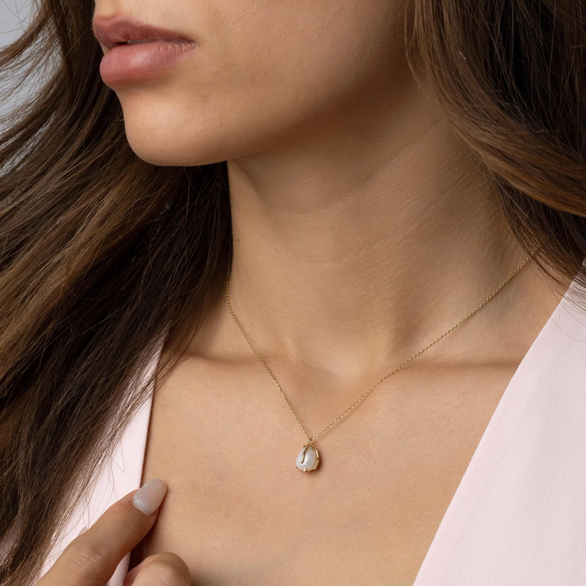 14K Solid Gold Pearl Necklace - Real Baroque Pearl Pendant