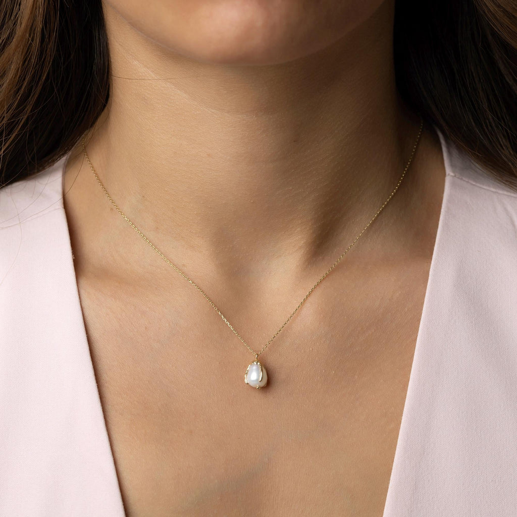 14K Solid Gold Pearl Necklace - Real Baroque Pearl Pendant
