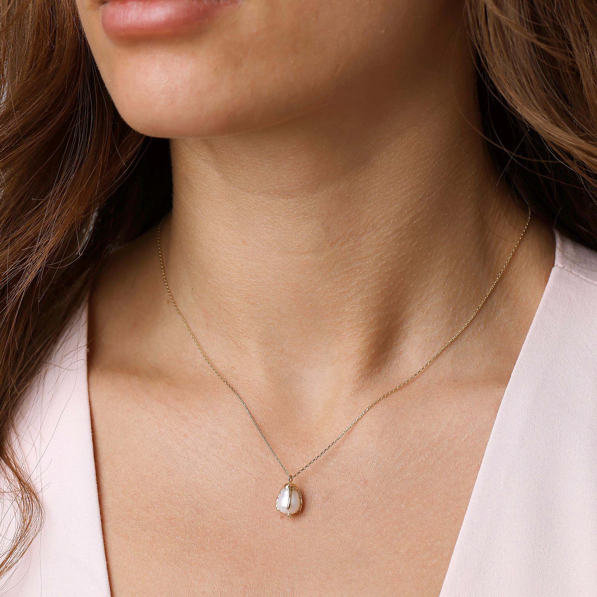 14K Solid Gold Pearl Necklace - Real Baroque Pearl Pendant