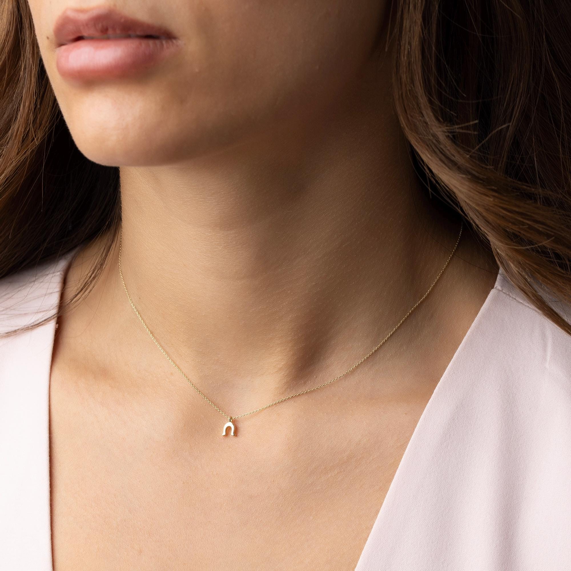 14K Solid Gold Horseshoe Necklace - Dainty Real Gold Pendant