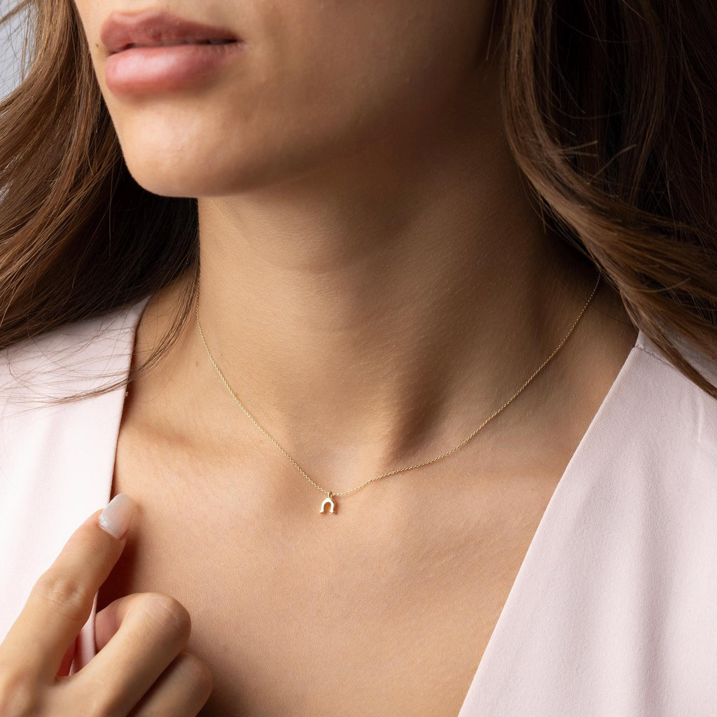 14K Solid Gold Horseshoe Necklace - Dainty Real Gold Pendant