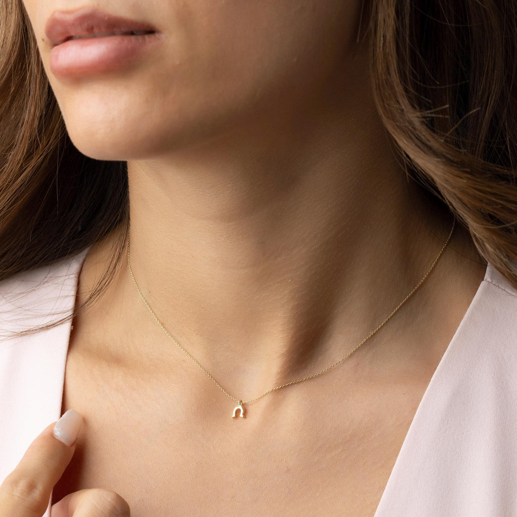 14K Solid Gold Horseshoe Necklace - Dainty Real Gold Pendant