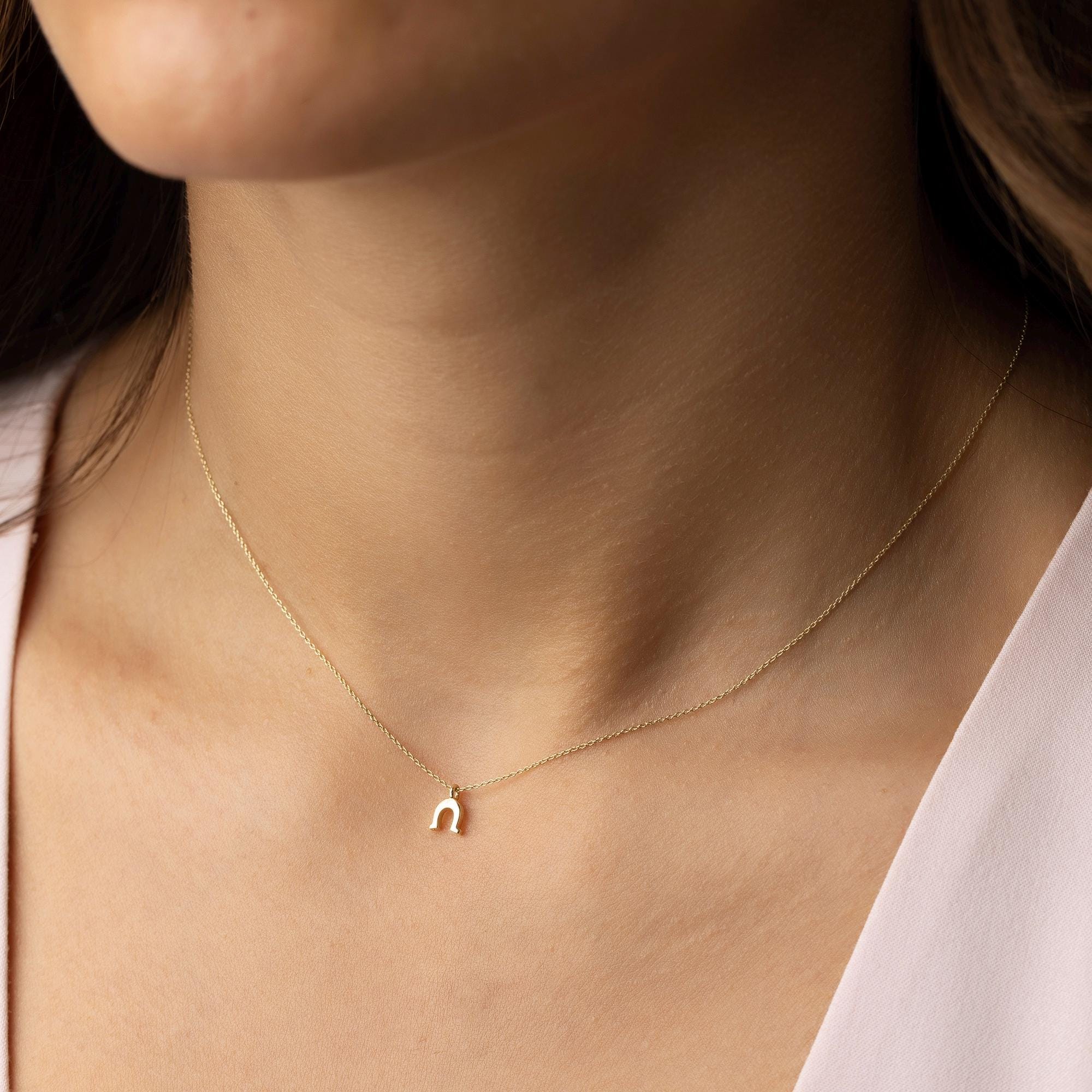 14K Solid Gold Horseshoe Necklace - Dainty Real Gold Pendant