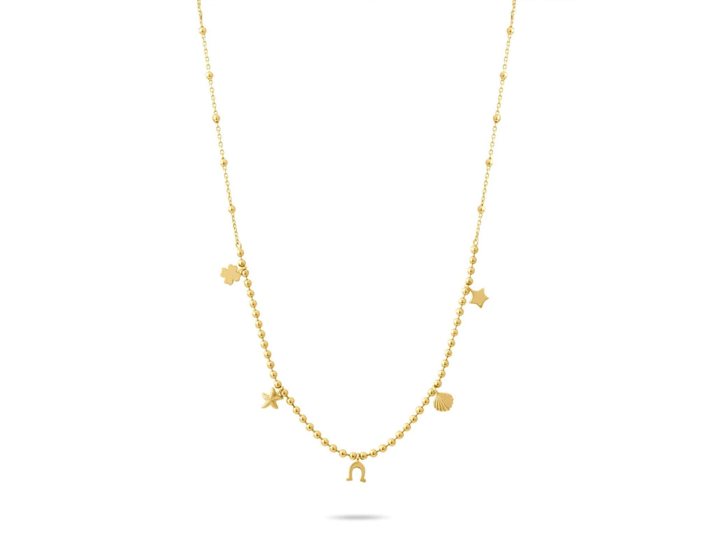 14K Solid Gold Charm Necklace - Lucky Symbols Pendant,