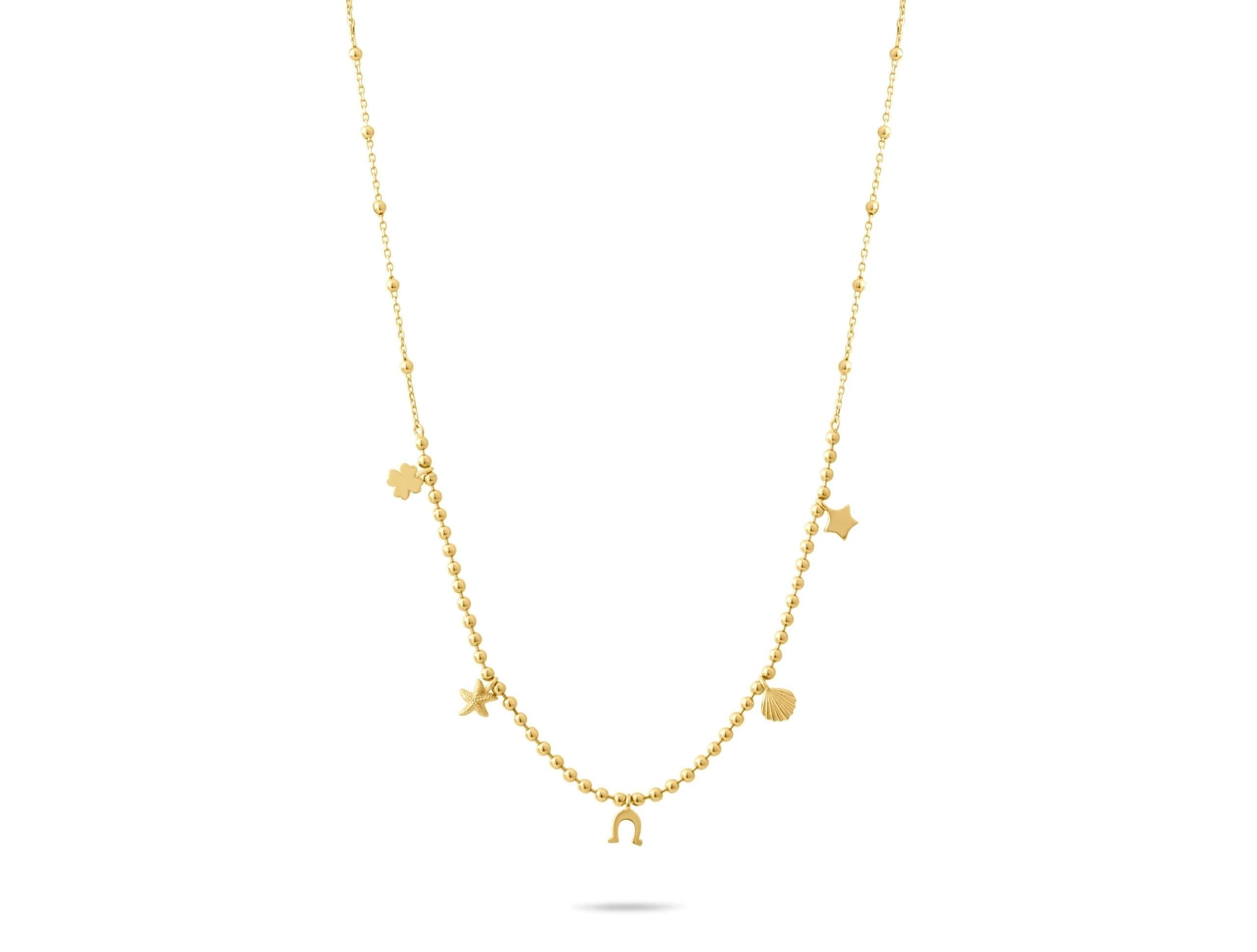 14K Solid Gold Charm Necklace - Lucky Symbols Pendant,