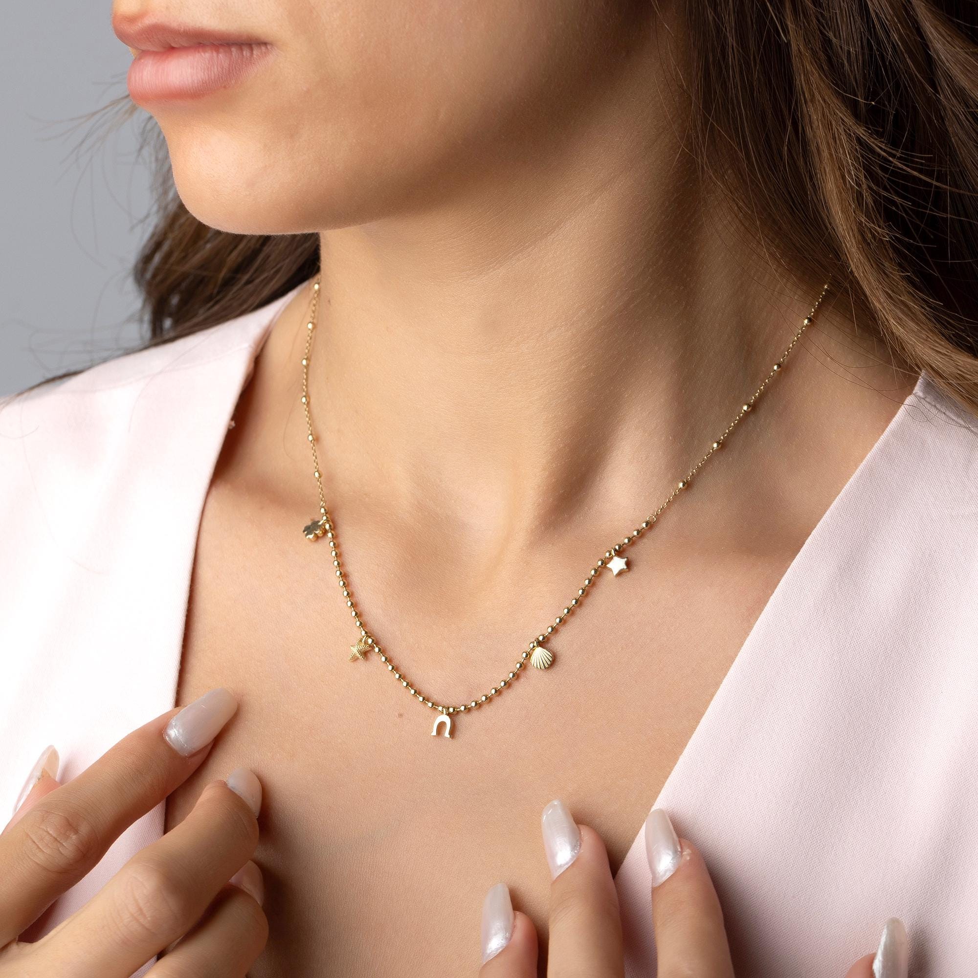 14K Solid Gold Charm Necklace - Lucky Symbols Pendant,